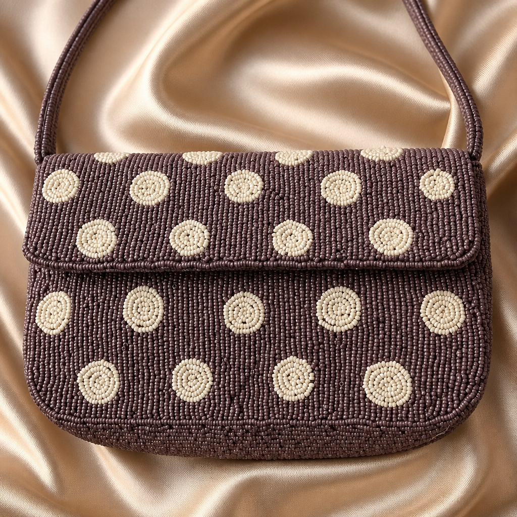 Handmade Beaded Polka Dot Shoulder Bag | Chocolate Brown &amp; Ivory Statement Purse | Classic Vintage-Inspired Handbag