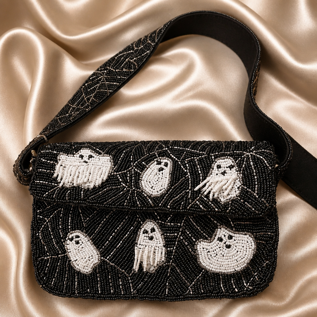 Handmade Beaded Ghost Shoulder Bag | Halloween Statement Purse | Spooky Chic Beaded Handbag