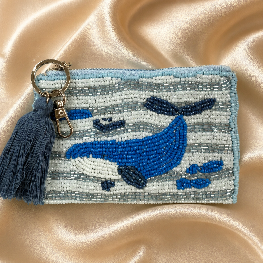 Handmade Beaded Whale Coin Purse | Coastal Zipper Pouch | Ocean-Inspired Accessory