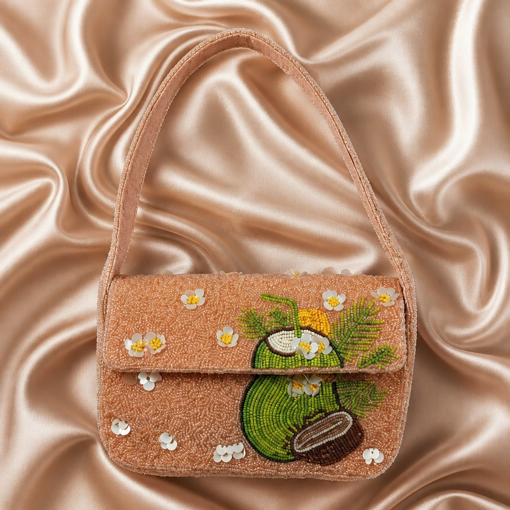 Tropical Coconut Blossom Hand-Beaded Shoulder Bag