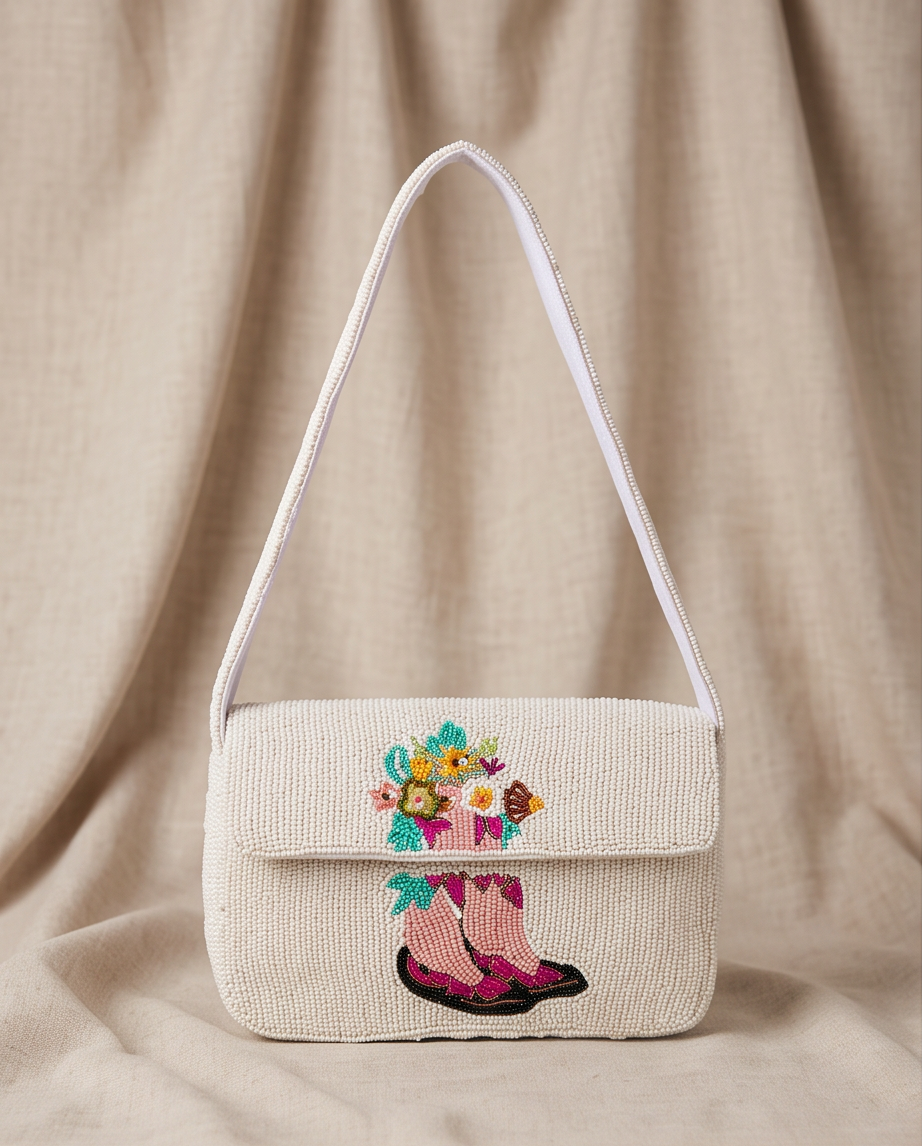 Handmade Beaded Floral Cowboy Boots Shoulder Bag | Western Chic Statement Purse | Cowgirl Handbag