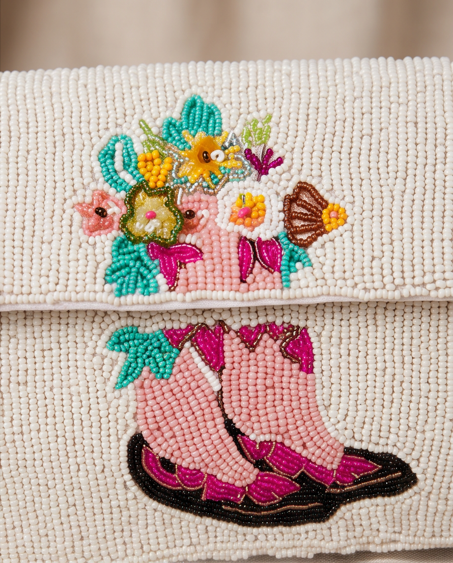 Handmade Beaded Floral Cowboy Boots Shoulder Bag | Western Chic Statement Purse | Cowgirl Handbag