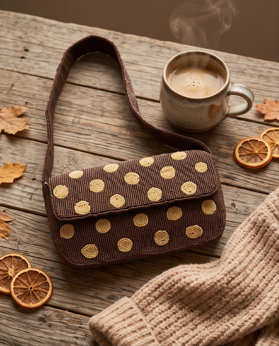 Handmade Beaded Polka Dot Shoulder Bag | Chocolate Brown &amp; Ivory Statement Purse | Classic Vintage-Inspired Handbag