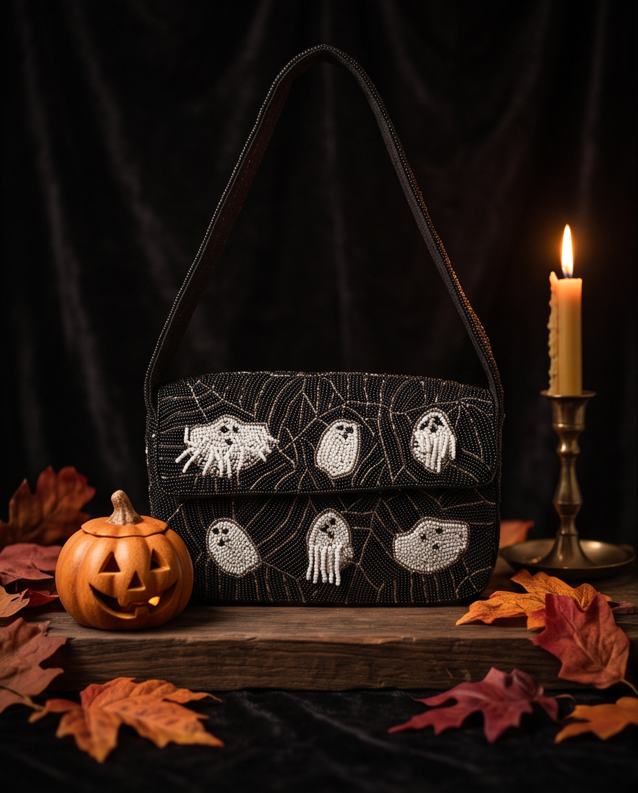 Handmade Beaded Ghost Shoulder Bag | Halloween Statement Purse | Spooky Chic Beaded Handbag