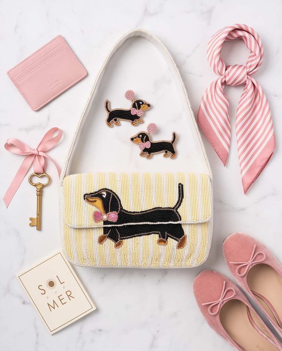 Dapper Dachshund Hand-Beaded Shoulder Bag
