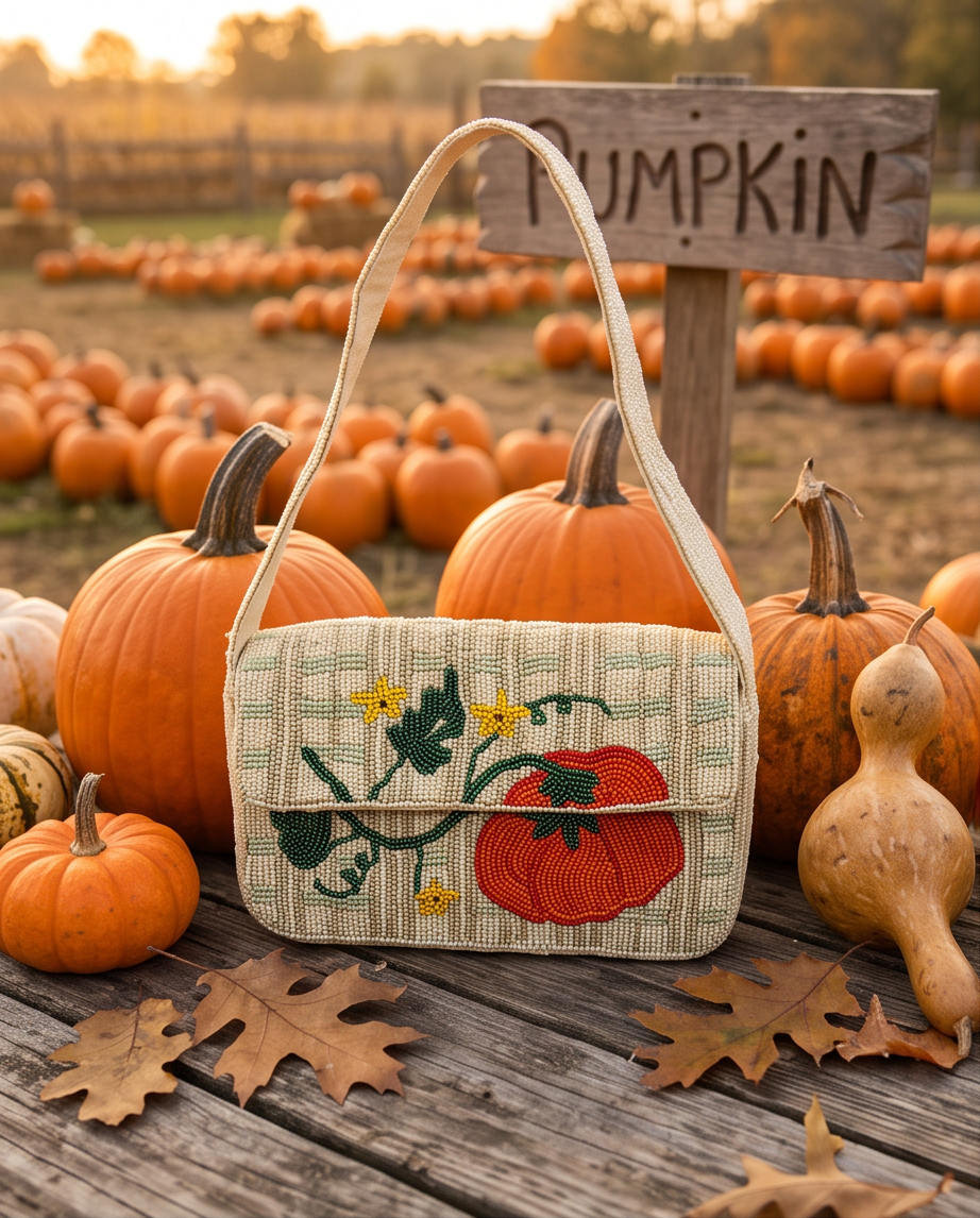 Handmade Beaded Pumpkin Shoulder Bag | Fall Harvest Purse | Autumn Cottagecore Statement Handbag