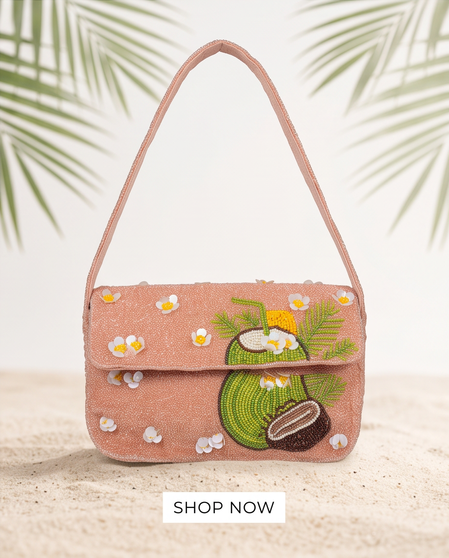 Tropical Coconut Blossom Hand-Beaded Shoulder Bag