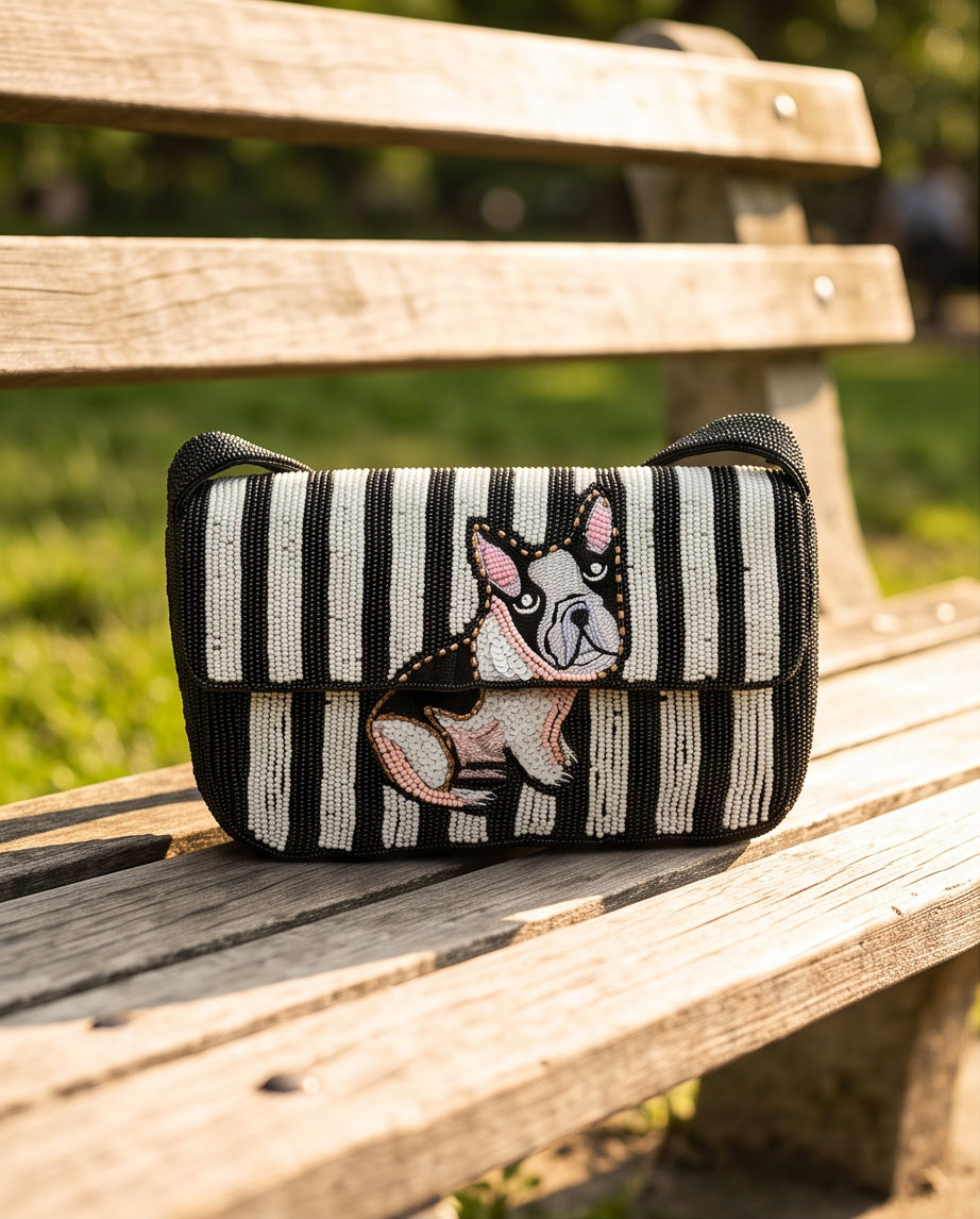 Handmade Beaded French Bulldog Shoulder Bag | Black &amp; Ivory Striped Dog Purse | Frenchie Statement Handbag