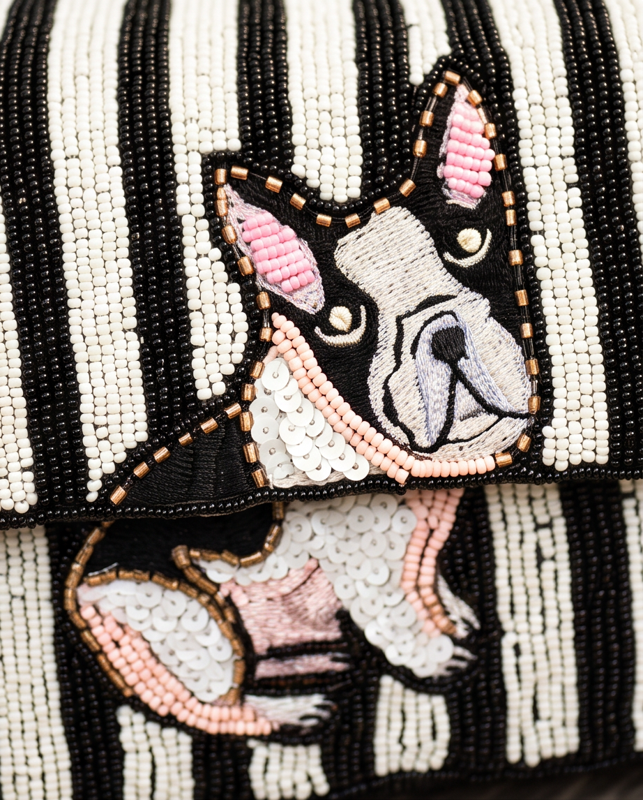 Handmade Beaded French Bulldog Shoulder Bag | Black &amp; Ivory Striped Dog Purse | Frenchie Statement Handbag