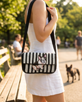 Handmade Beaded French Bulldog Shoulder Bag | Black &amp; Ivory Striped Dog Purse | Frenchie Statement Handbag