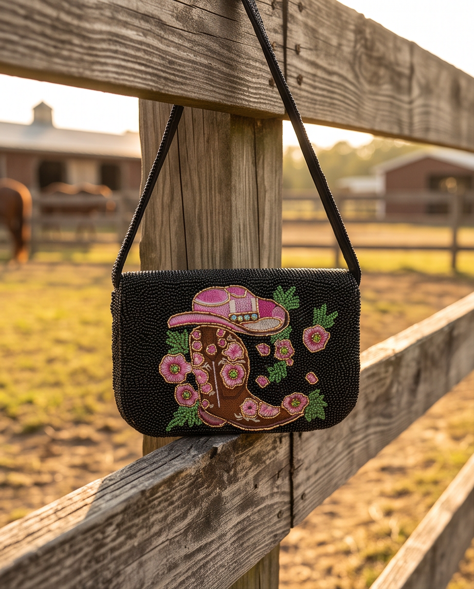 Pink Boots & Wildflowers Beaded Crossbody Bag