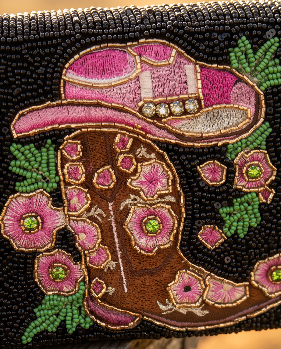 Pink Boots & Wildflowers Beaded Crossbody Bag