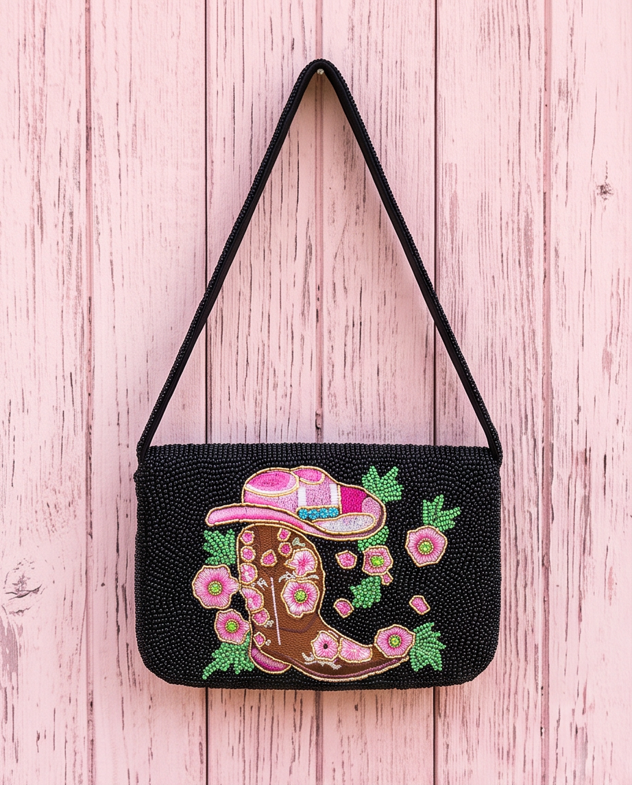 Pink Boots & Wildflowers Beaded Crossbody Bag