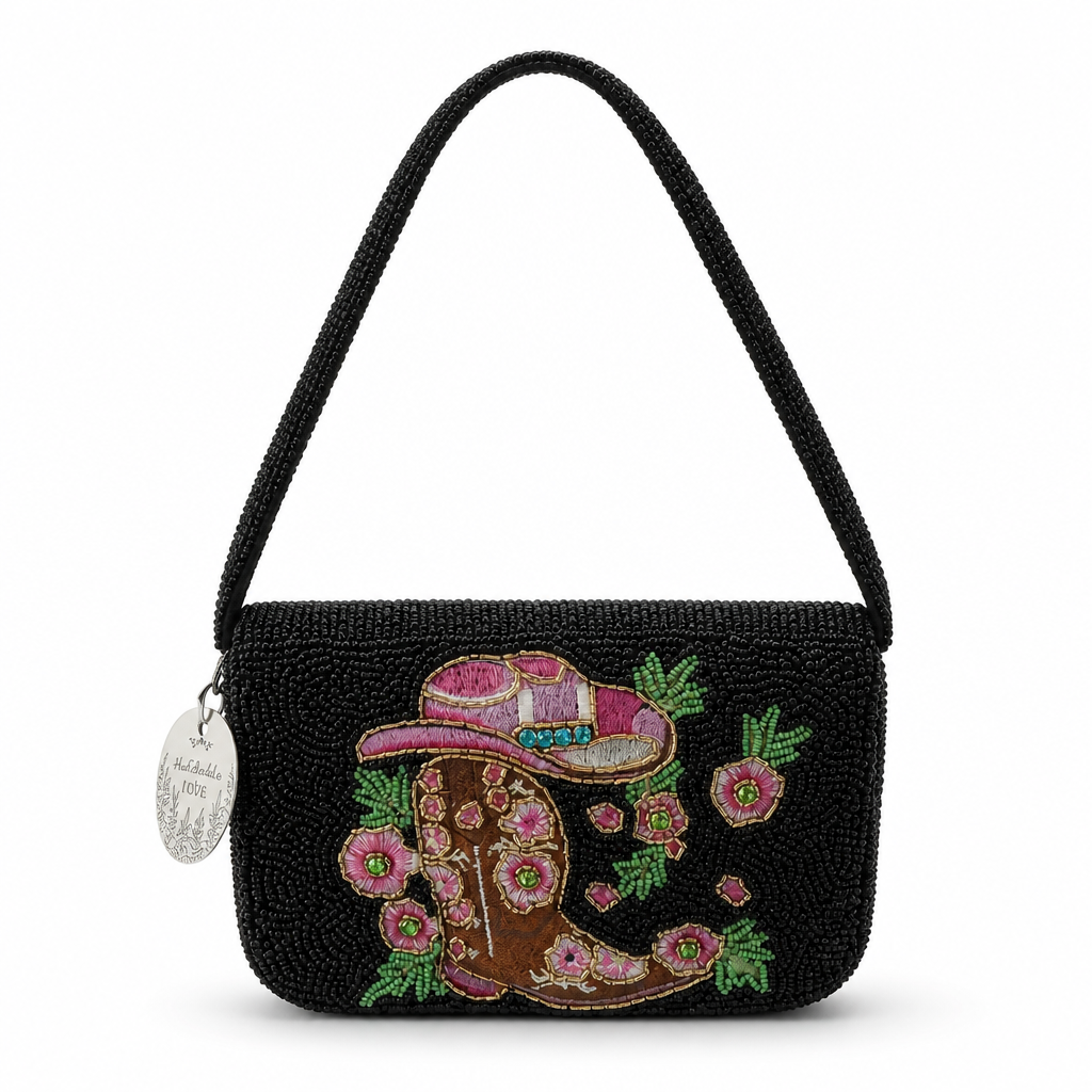 Pink Boots & Wildflowers Beaded Crossbody Bag