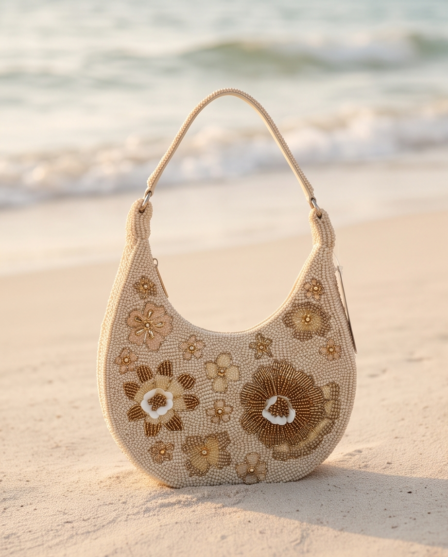 Champagne Bloom Beaded Shoulder Bag