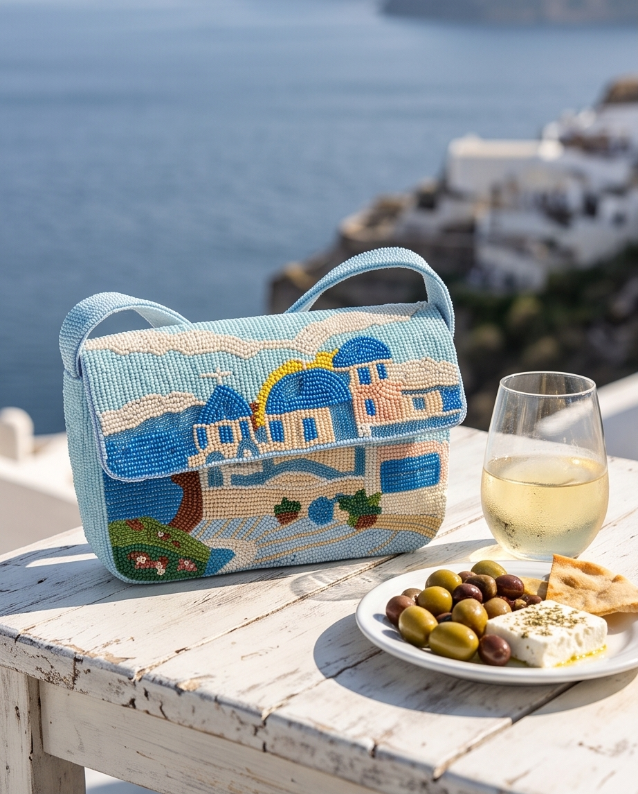 SOL and MER Beaded Mediterranean Village Shoulder Bag | Santorini Inspired Coastal Purse
