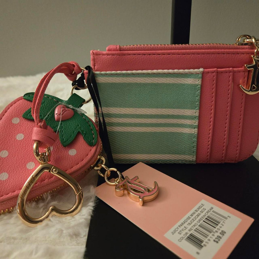 Juicy Couture Strawberry Charm Card Holder Wallet | Y2K Pastel Pink & Mint Coin Purse