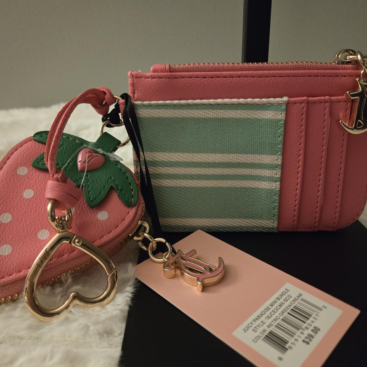 Juicy Couture Strawberry Charm Card Holder Wallet | Y2K Pastel Pink & Mint Coin Purse