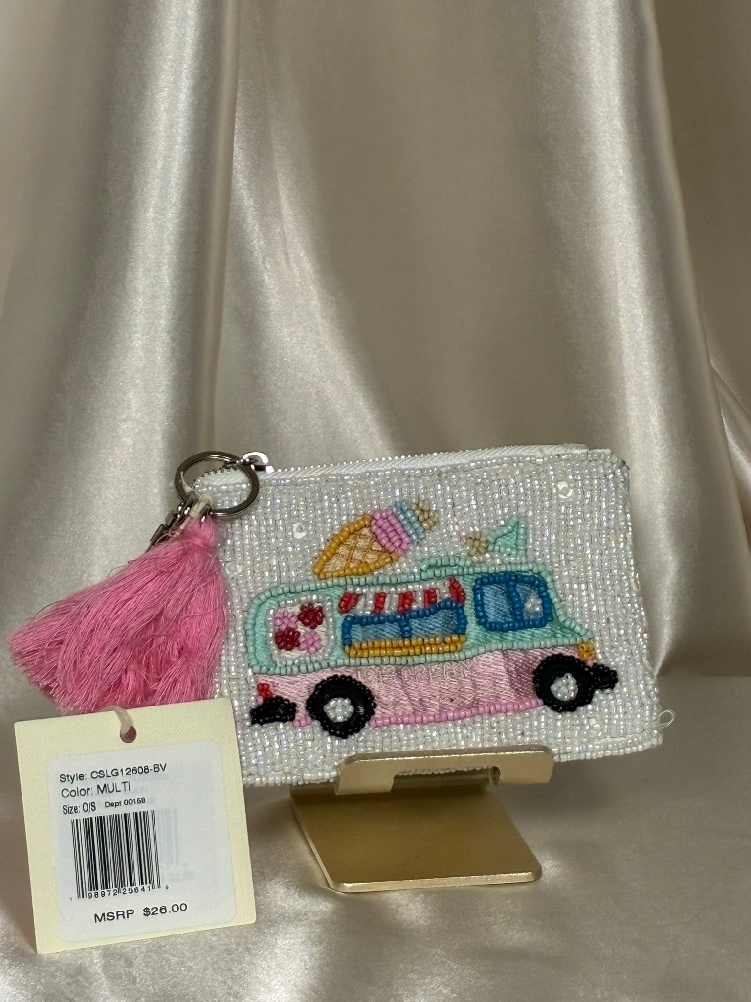 Ice Cream Truck Beaded Coin Pouch with Keychain